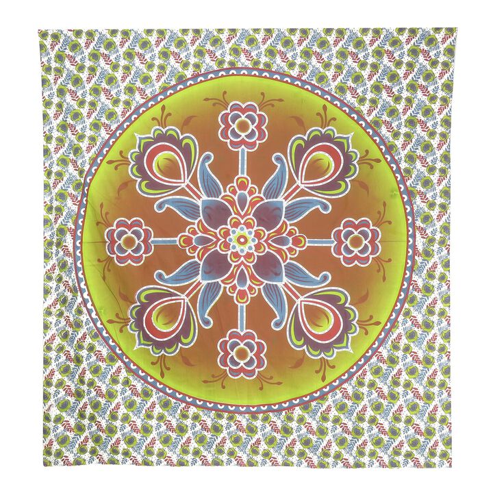 HomeRoots 88" X 84" Green White And Yellow Floral Cotton Hanging Tapestry