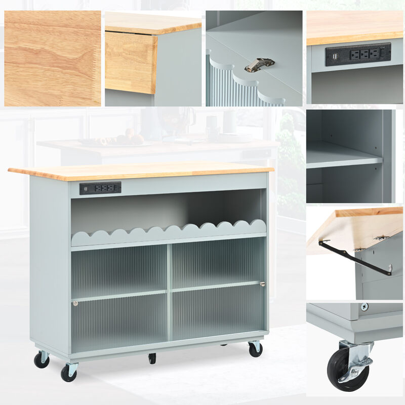 Merax Kitchen Island with Drop Leaf, LED Light Kitchen Cart on Wheels with Power Outlets, 2 Sliding Fluted Glass Doors