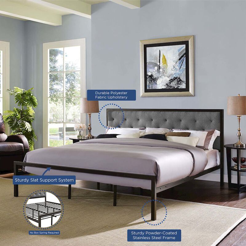 Mia Upholstered Brown Beige Tufted Platform Bed image number 6