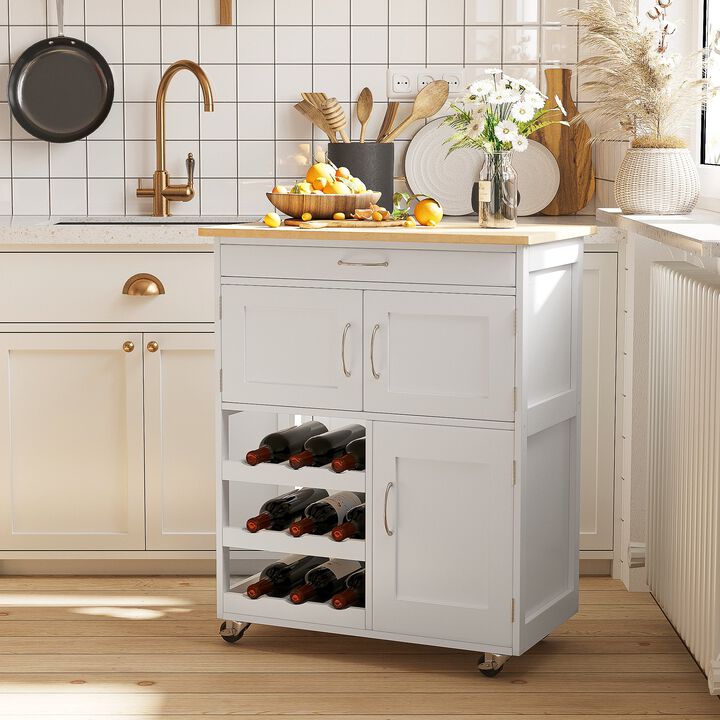 Rolling Kitchen Cart, Kitchen Island with Storage Drawer, 9-bottle Wine Rack, Door Cabinets, Wooden Countertop, White