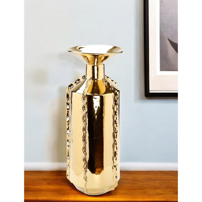 Hivvago 21 Inch Gold Trumpet Ceramic Table Vase With Sculptural Details