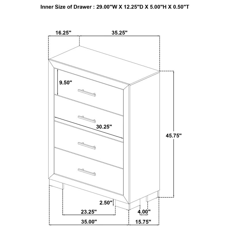 Poxy Tall Dresser Chest with 4 Drawers, Nickel Metal, Oak Brown Wood image number 7
