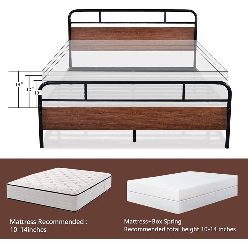 QuikFurn Full Size Industrial Metal Wood Platform Bed Frame with Headboard and Footboard
