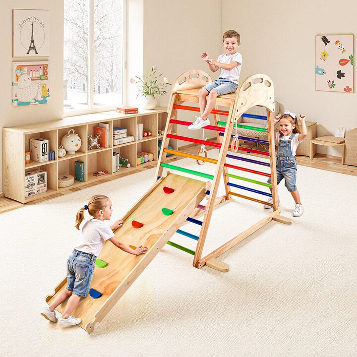 Montessori Indoor Jungle Gym Playset for Kids, 4-in-1 Climbing Frame with Slide & Rings-Multi Color