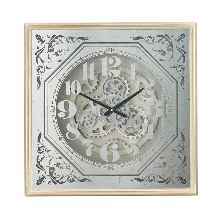 Viry 24 Inch Square Wall Clock, Analog Gear Design, Black White Iron Finish - Benzara