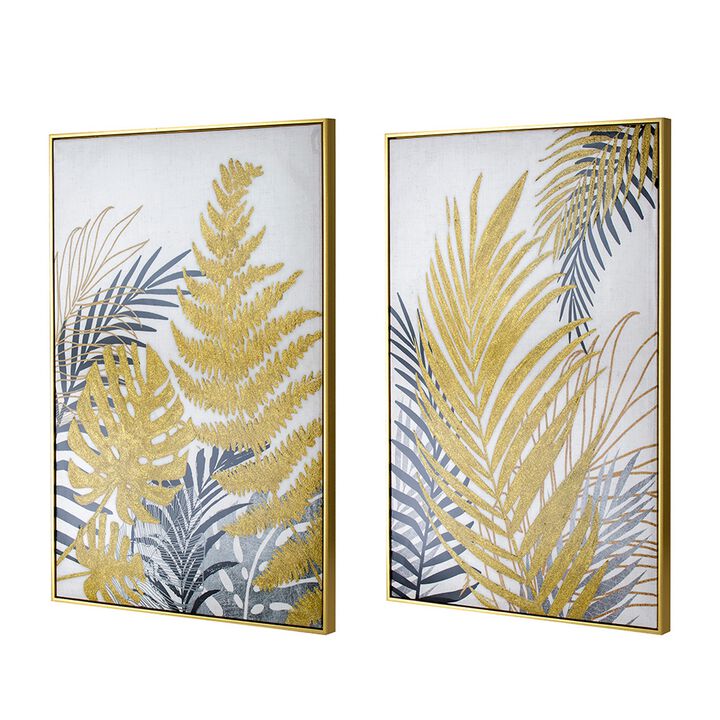 Nir 23 x 35 Set of 2 Palm Leaf Wall Art, Frame Decor, Black Gold, Gray Wood - Benzara
