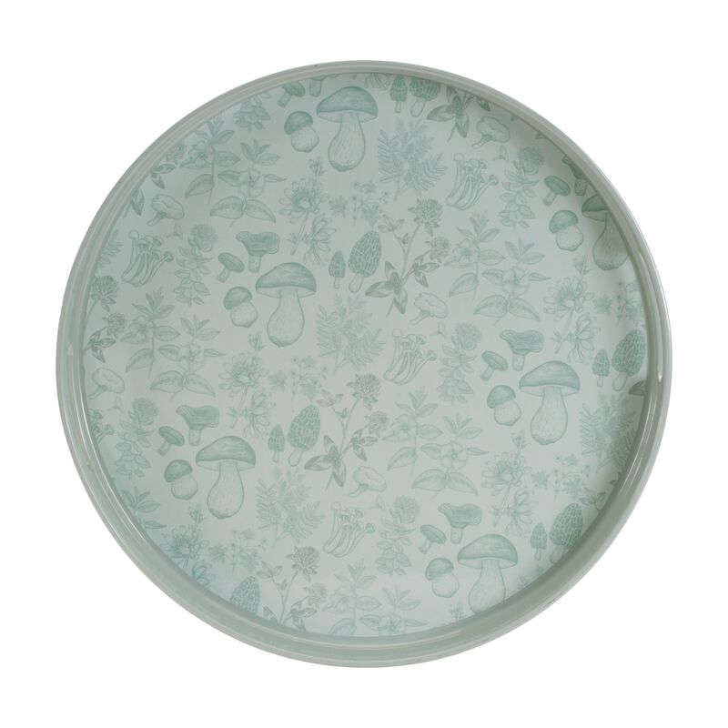 Round Tray with Mushroom and Floral Print for Tabletop or Serving Use