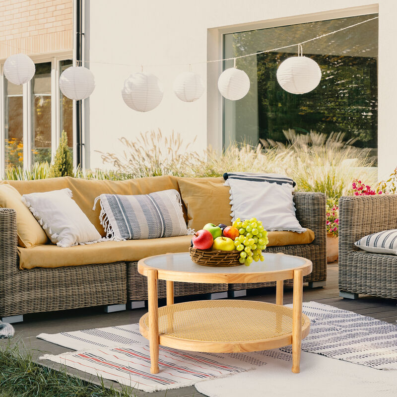 Rattan Coffee Table with Glass Top, Round Side Table for Living Room or Patio