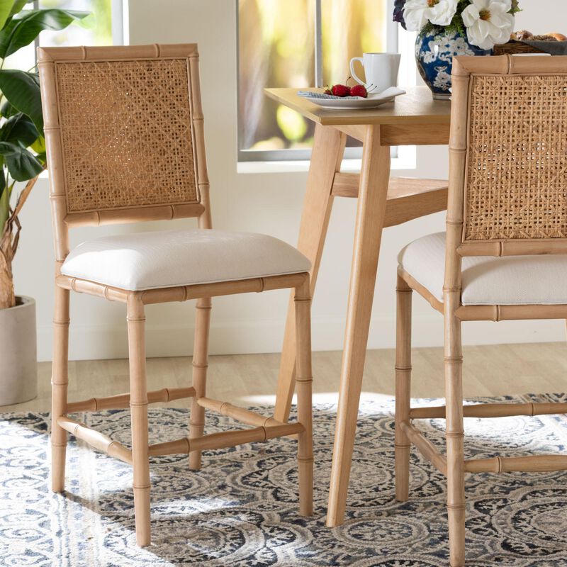 bali & pari Sandy Counter Stool - Crafted Wood and Natural Rattan Lounge Seating with Bamboo Motif and Upholstered Seat image number 7
