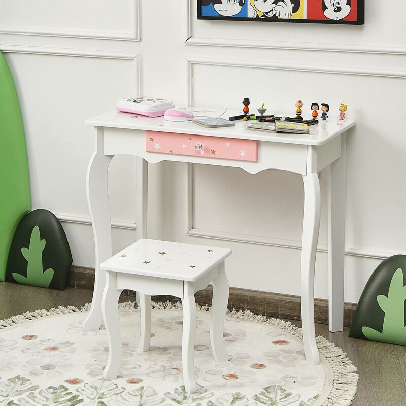 Kids Princess Vanity Table and Stool Set with Tri-folding Mirror and Drawer