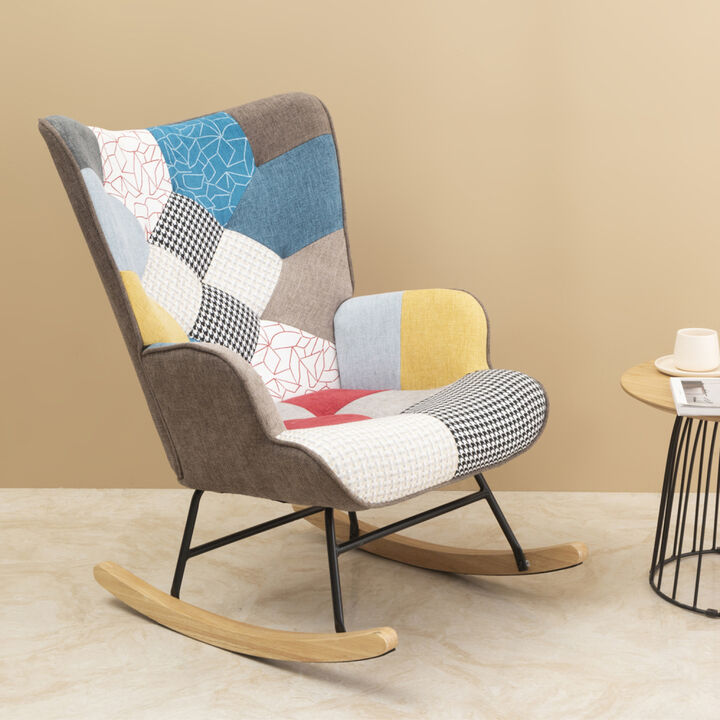 Rocking Chair, Mid Century Fabric Rocker Chair with Wood Legs and Patchwork Linen for Living Room Bedroom