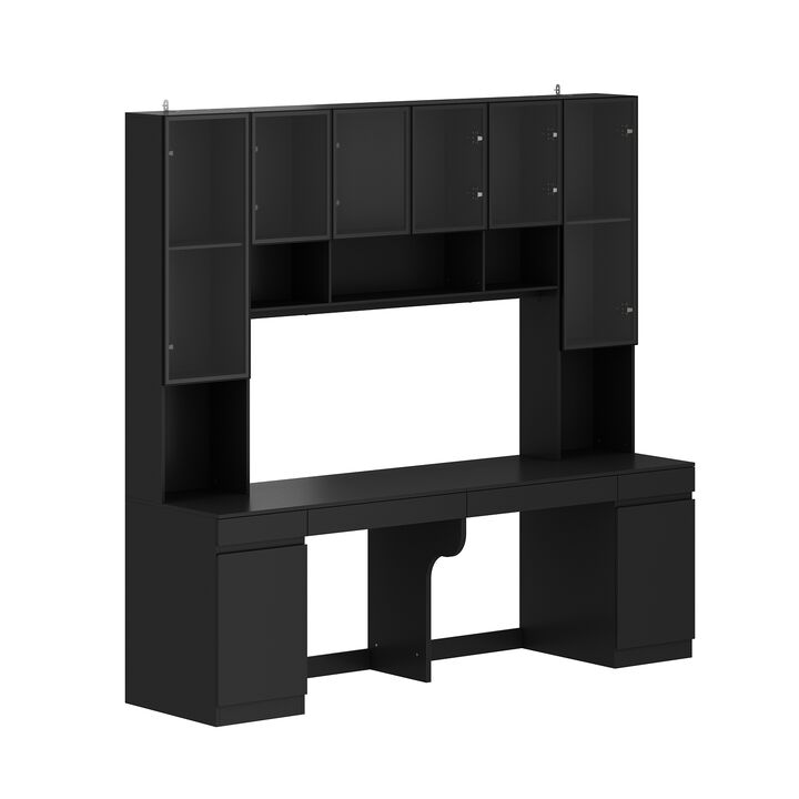 90.6 in. W Black Wood Computer Gaming Desk Home Office Desk, with 82.7 in. H Bookshelf, LED Lights, Drawers, Cabinets