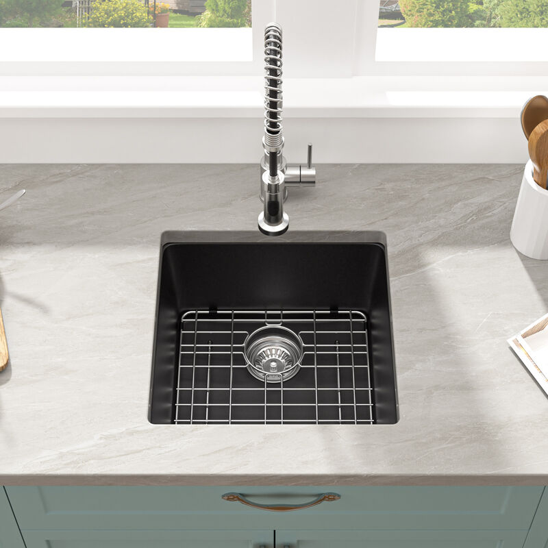 17 in. Black Quartz Composite Undermount Kitchen Sink Single Bowl Prep Bar Basin Round Corner with Bottom Grid image number 1