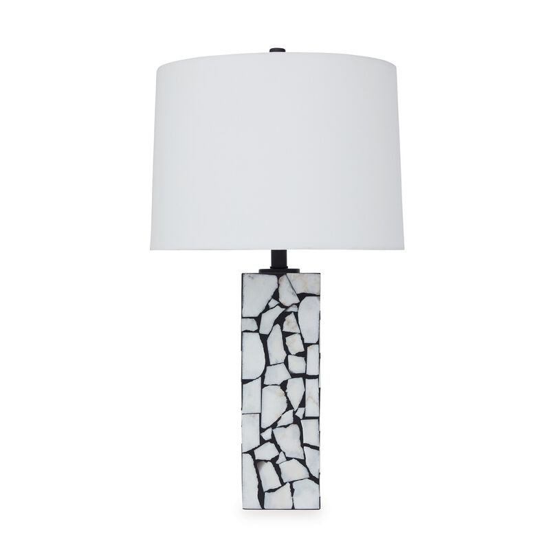 28 Inch Table Lamp, Drum Shade, Black and White Mosaic Marble Art Resin - Benzara