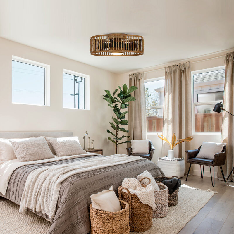 20" Farmhouse Brown LED Flush Mount Ceiling Fan with Lights and Remote Control