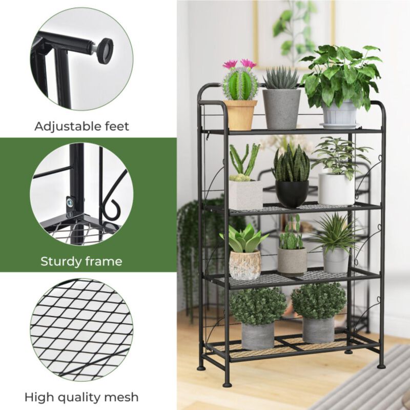 Hivvago 4-Tier Folding Plant Stand with Adjustable Shelf and Feet-Black