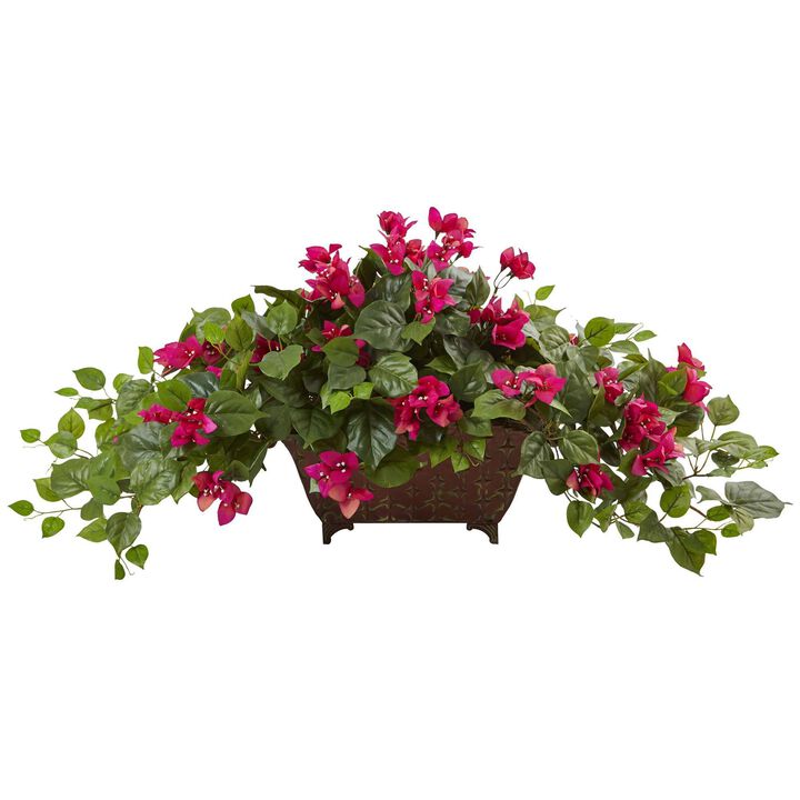 Nearly Natural 17-in Bougainvillea Artificial Plant in Metal Planter