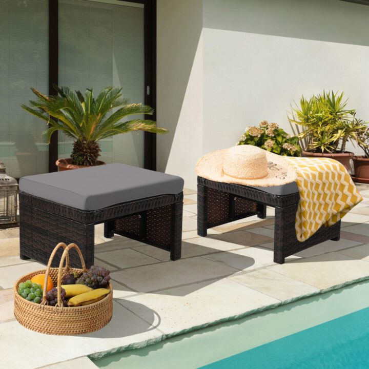 Hivvago 2 Pieces Patio Rattan Ottomans with Soft Cushion for Patio and Garden