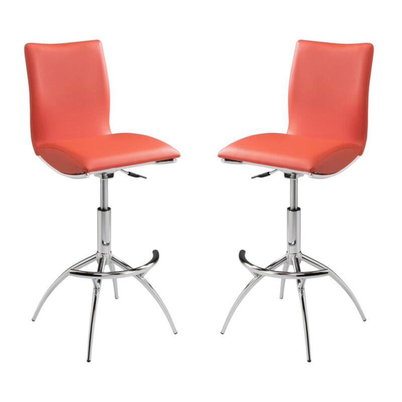 Hivvago Set of Two Orange and Silver Faux Leather and Metal Low Back Adjustable Height Bar Chairs