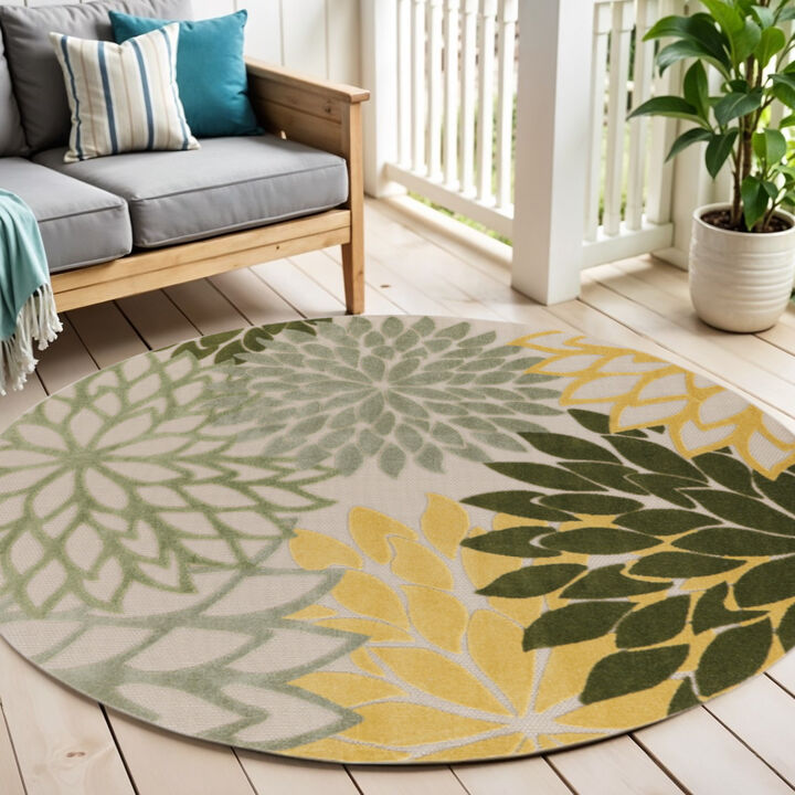 HomeRoots 5' Green Yellow Ivory And Dark Green Round Floral Indoor Outdoor Area Rug
