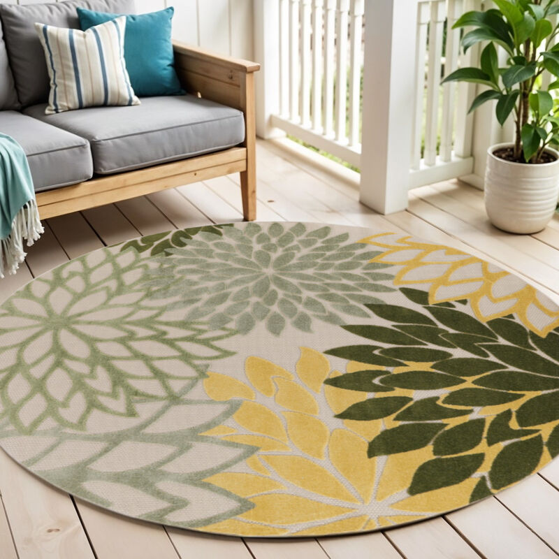 HomeRoots 5' Green Yellow Ivory And Dark Green Round Floral Indoor Outdoor Area Rug image number 1