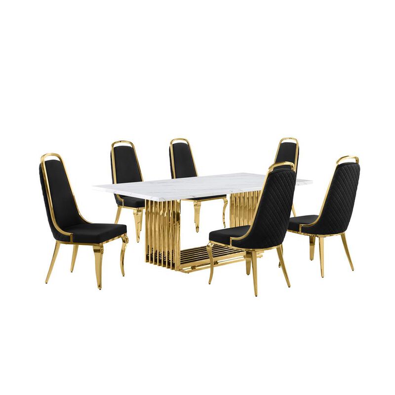 7pc Small(68") marble top dining set with gold base and 6 Black side chairs