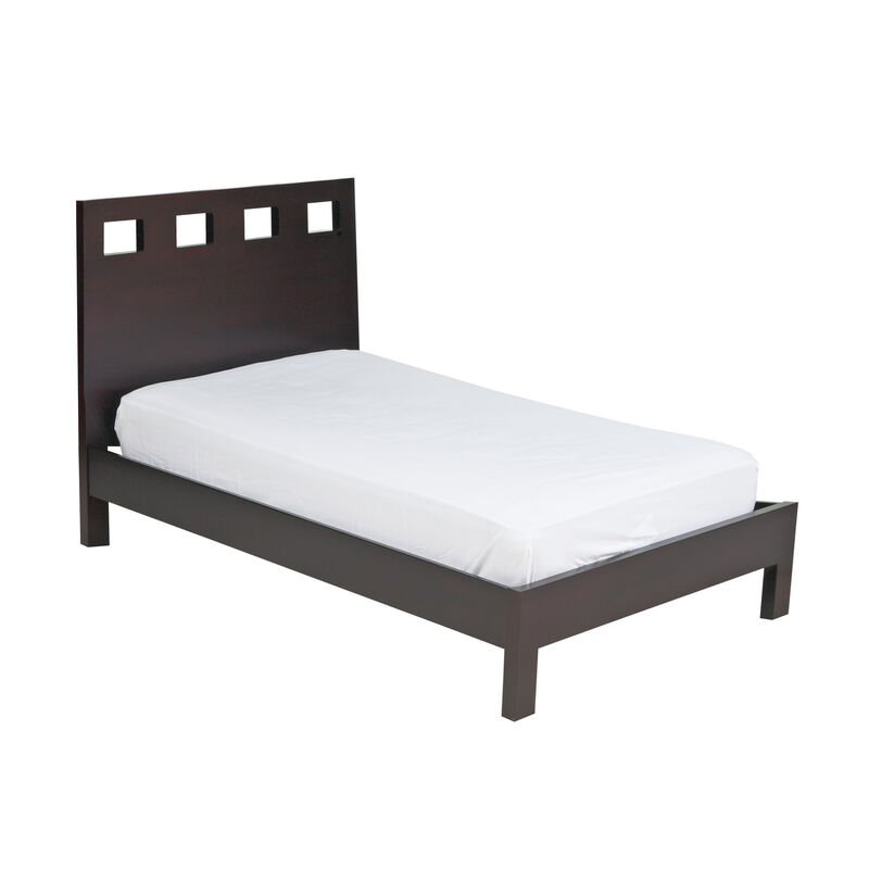Yee Queen Size Platform Bed, Cut Out Panel Headboard, Espresso Brown Wood - Benzara