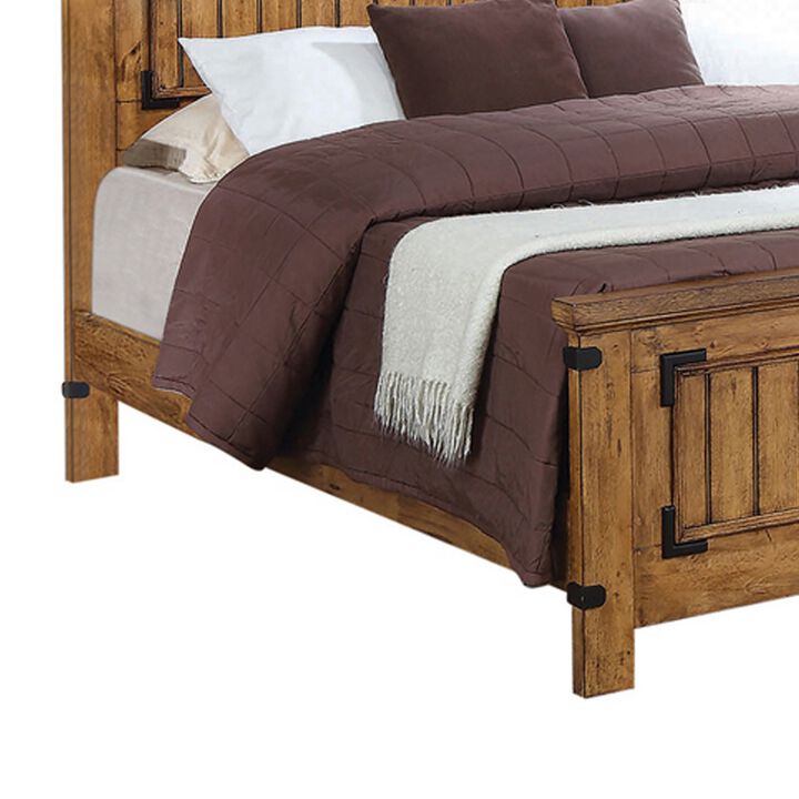 Cottage Style Queen Size Bed with Plank Detailing and Metal Accents, Brown - Benzara