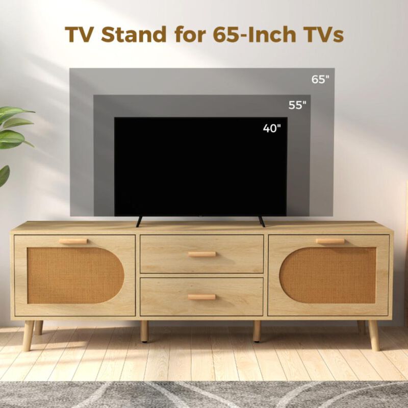 Hivvago Rattan TV Stand for 65-Inch TV with Drawers and Solid Wood Legs-Natural