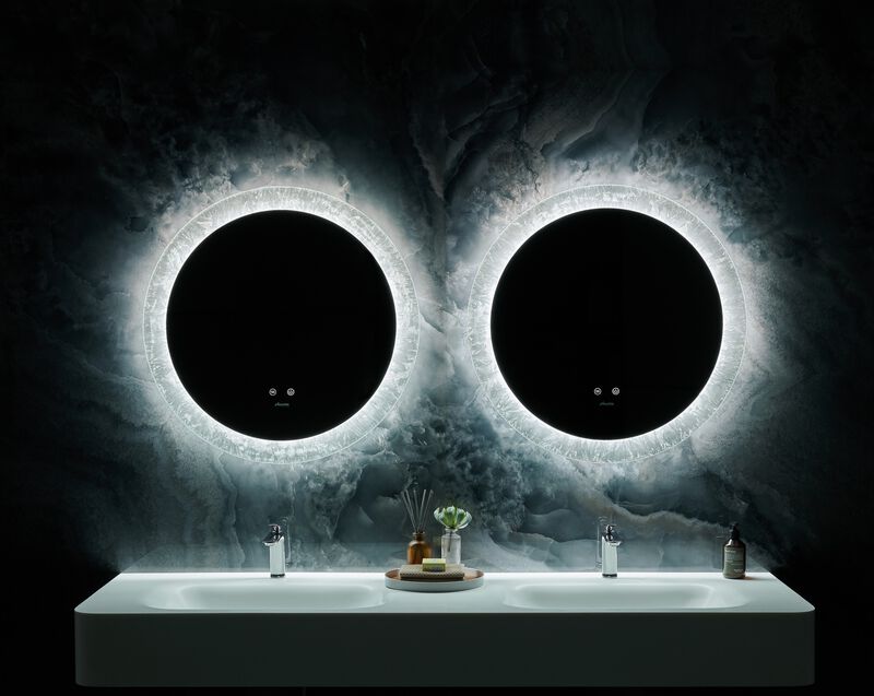 Frysta 30 in. Round LED Frameless Mirror with Dimmer and Defogger