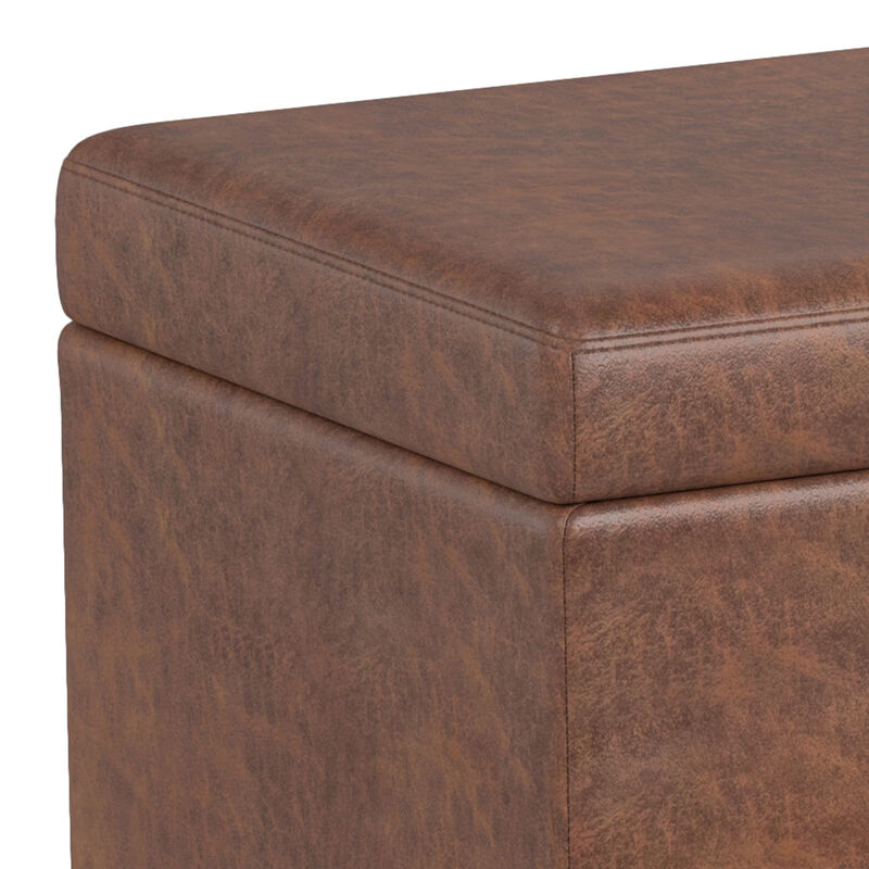 Avalon 54 inch Wide Contemporary Rectangle Extra Large Storage Ottoman Bench in Distressed Saddle Brown Vegan Faux Leather, Assembled