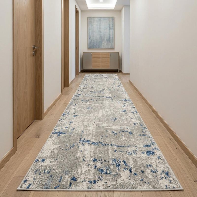 HomeRoots 10' Blue and Gray Abstract Power Loom Runner Rug image number 1