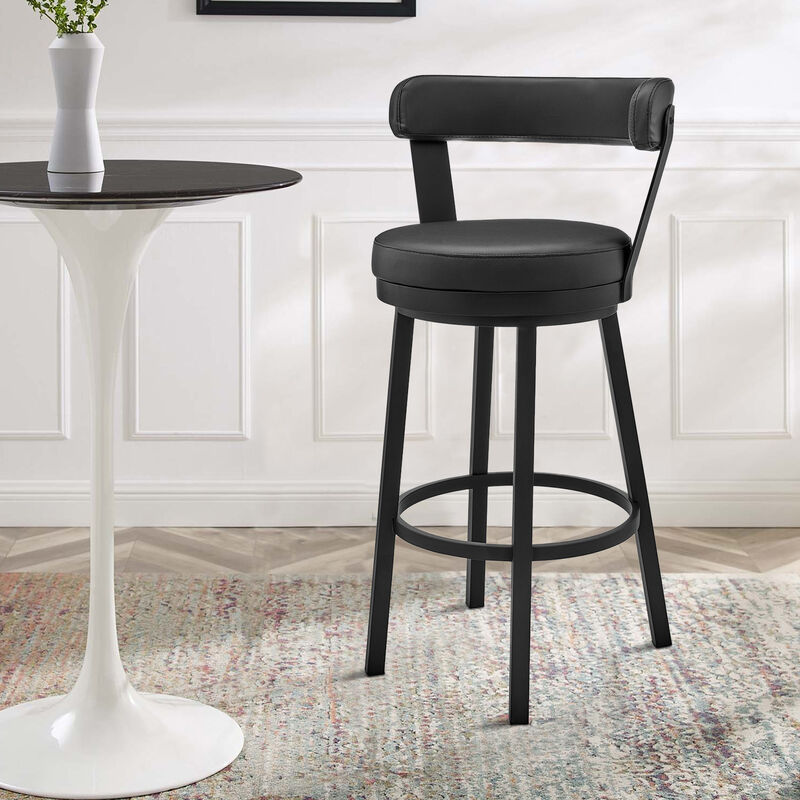 Emma 26 Inch Modern Counter Stool Chair, Vegan Faux Leather, Swivel, Black - Benzara