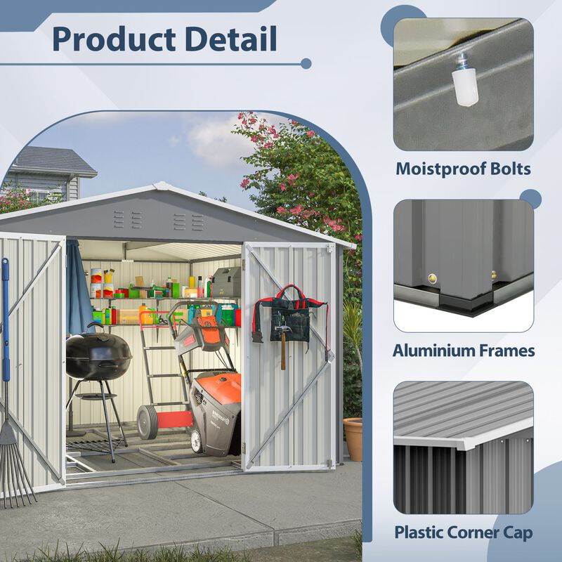 10FT x 8FT Outdoor Tool Storage Shed With Metal Foundation & Lockable Doors, All Weather Metal Sheds image number 6