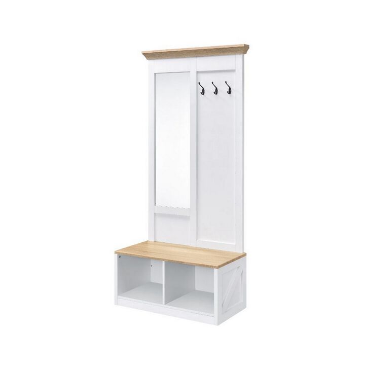 Hall Tree With Body Length Mirror and Bench Seat, White and Brown-Benzara