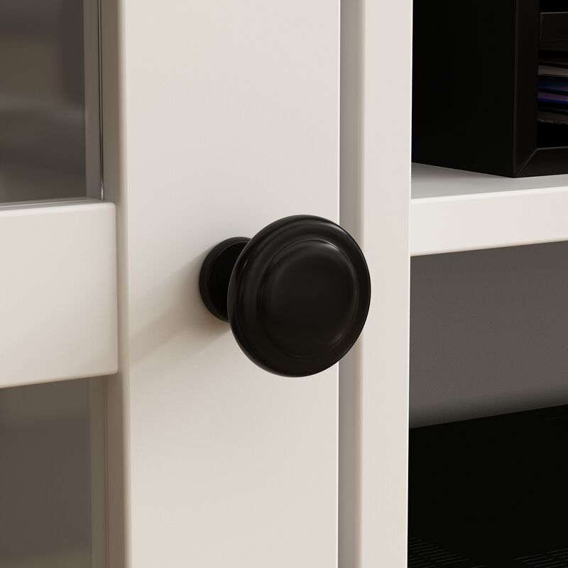 White Wooden TV Stand Fits TV's up to 75 in. with Open Shelves and Tempered Glass Door Cabinet