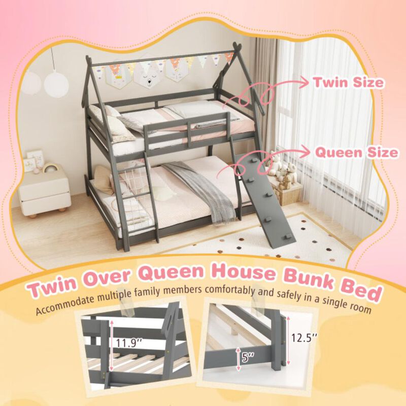 Hivvago Twin Over Queen Bunk Bed Wooden Kids Bed with Climbing Nets and Ramp