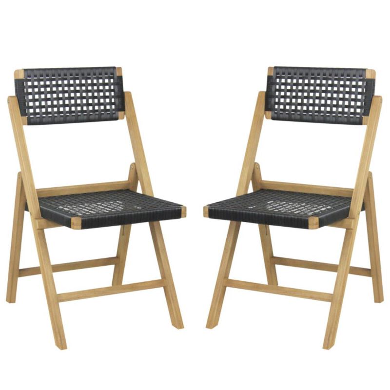 Hivvago Set of 2 Folding Chairs Teak Wood Dining Chairs with Woven Rope Seat and Back