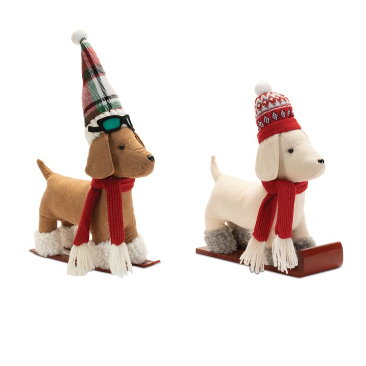 Set of 2 Plush Dog Winter Figurines – Holiday Dogs on Sled & Skis for Whimsical Christmas Shelf or Mantel Decorations