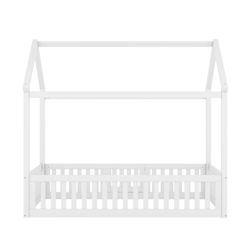 Merax Twin Size Wood House Bed with Fence and Door