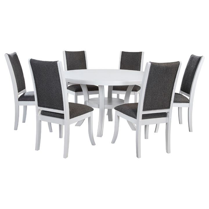 Judy 7pc Round Dining Table Set, Flared Legs, Gray Fabric, White Wood