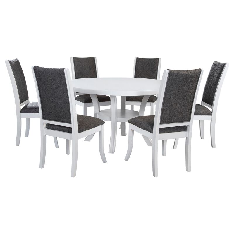 Judy 7pc Round Dining Table Set, Flared Legs, Gray Fabric, White Wood image number 0