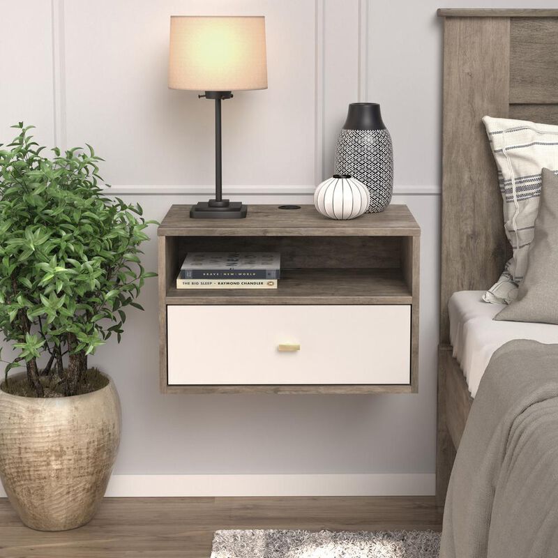 Prepac Floating Nightstand With Open Shelf, Drifted Gray and White