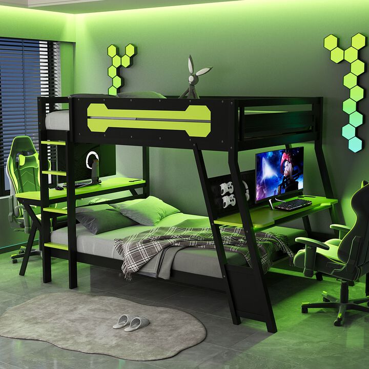 Merax E-Sports Themed Twin over Full Bunk Bed with Dual Gaming Desks