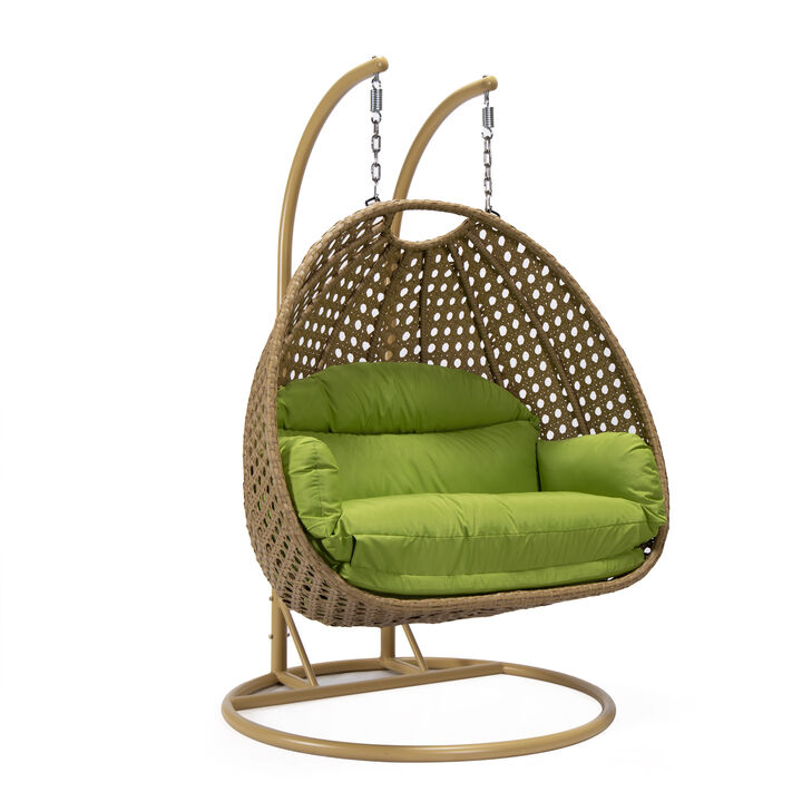 LeisureMod Mendoza Light Brown Wicker Hanging 2 person Egg Swing Chair Removable Cushion With Iron Base