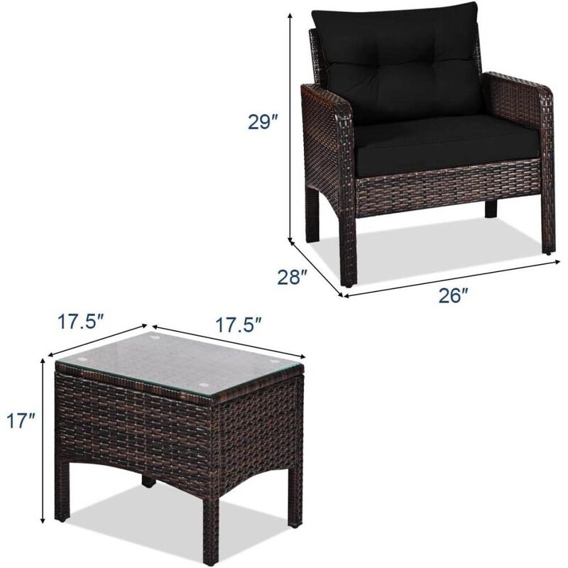 Hivvago 3-Piece Brown PE Rattan Outdoor Dining Patio Furniture Set with Black Cushions