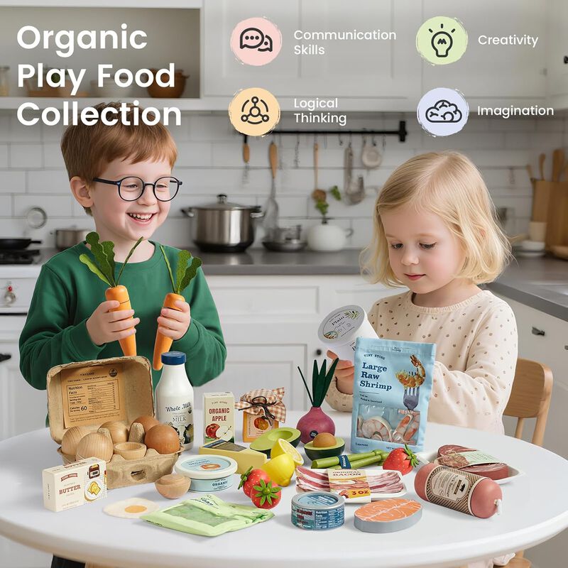 Wooden Play Food for Kids Kitchen, Pretend Food Dairy Set Toy - 7Pcs Dairy & Drinks Set with for Kid, Play Kitchen Accessories, Montessori Toy image number 2
