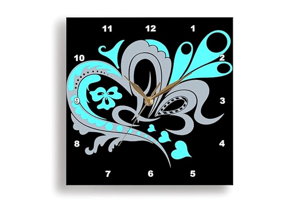 Pretty Turquoise Gray Black Nouveau Hearts Wall Clock 13 Inch Home Decor
