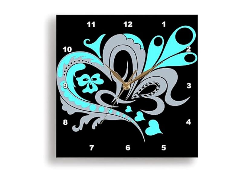 Pretty Turquoise Gray Black Nouveau Hearts Wall Clock 13 Inch Home Decor image number 1
