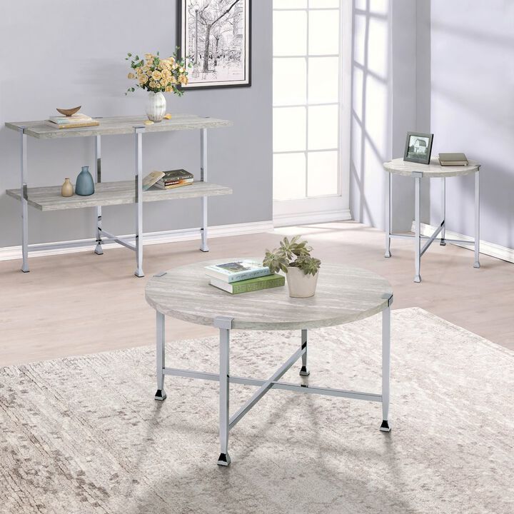 Plethoria Home White Oak and Chrome Round Coffee Table